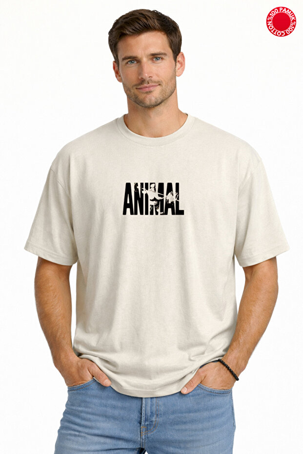 Unisex Oversize T-Shirt 100% Cotton Basic Beige Animal Printed Loose Comfortable Summer Men's Women's T-Shirt
