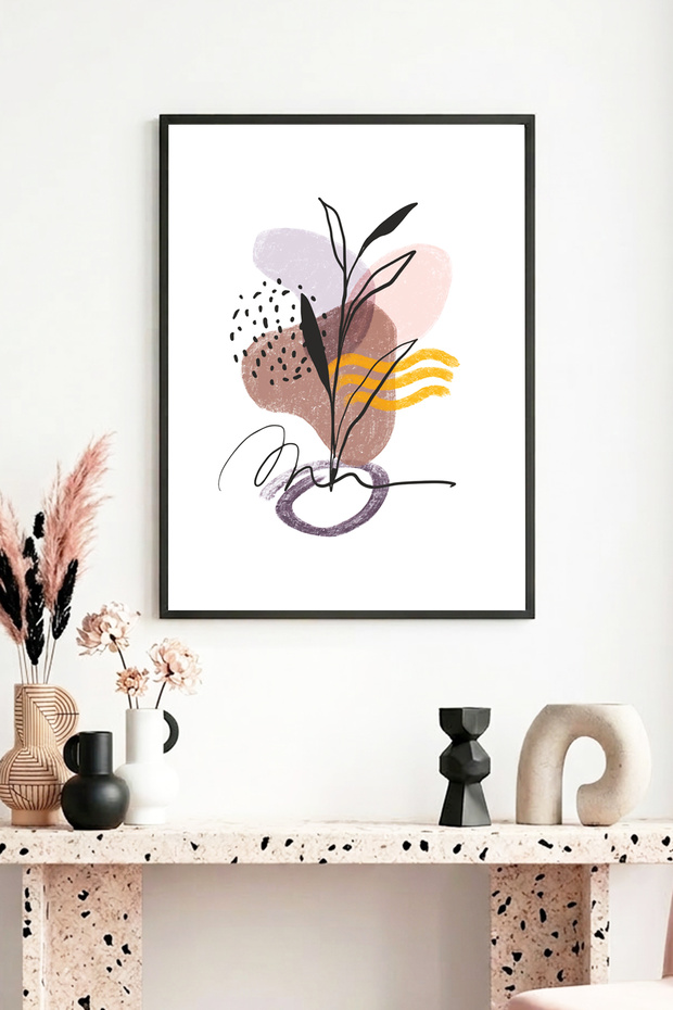 Natural Wood Framed Abstract Plant Patterned Painting - Pastel Tones | Huhu1057