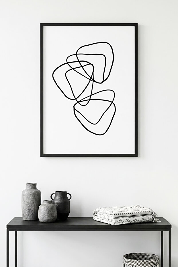 Black Wooden Framed Minimal Line Art Painting - Black and White |   Huhu1080 - Single Table Black Frame