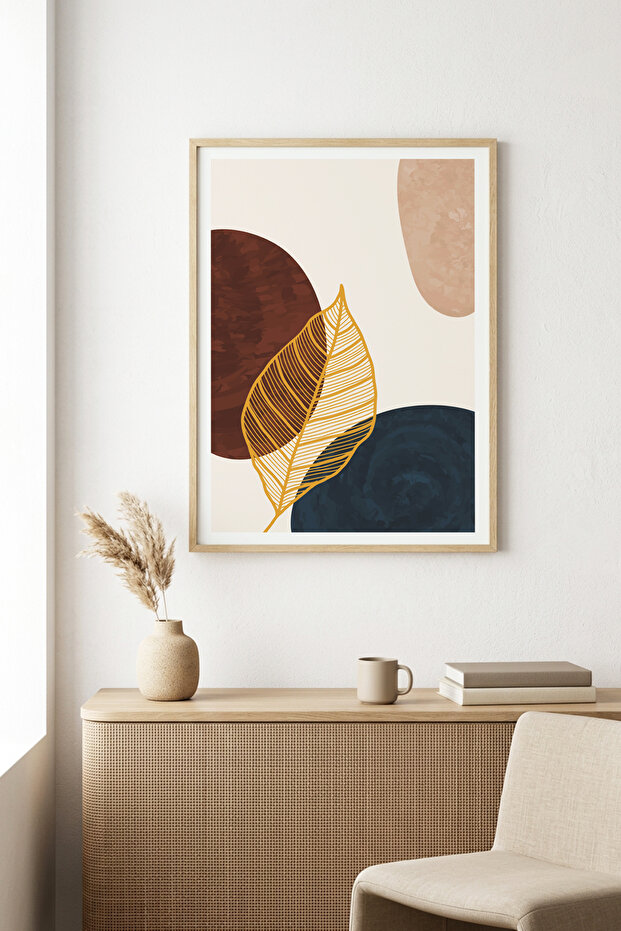 Natural Wood Framed Minimal Leaf Pattern Painting - Vibrant Tones | Huhu1024