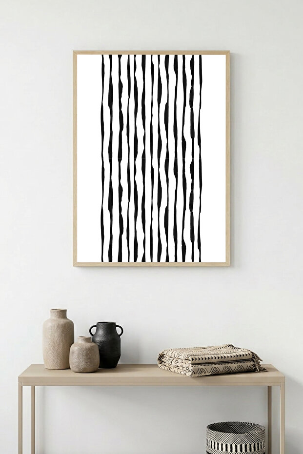 Natural Wood Framed Abstract Striped Painting - Black-White | Huhu1082 - Single Table Natural Wood Frame