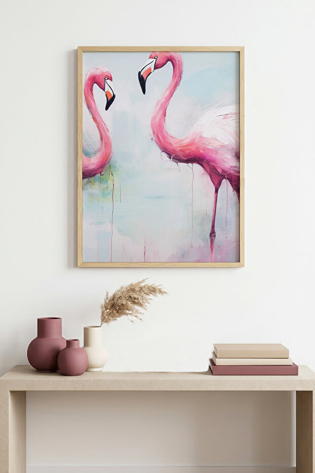 Natural Wood Framed Flamingo Patterned Painting - Pastel Tones | Huhu1303 - Single Table Natural Wood Frame