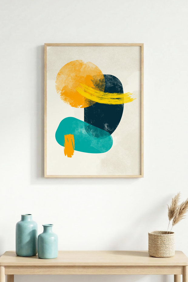 Natural Wood Framed Abstract Patterned Painting - Vibrant Tones | Huhu1448