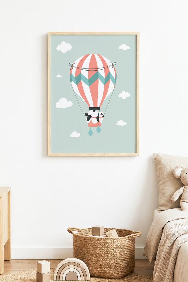 Natural Wooden Framed Children's Themed Balloon Patterned Painting - Pastel Tones | Huhu1627 - Single Table Natural Wood Frame