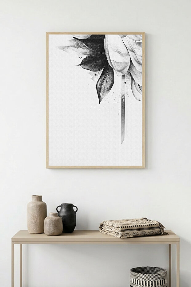 Minimal Black and White Floral Pattern Painting with Natural Wood Frame - Modern Theme | Huhu1315 - Single Table Natural Wood Frame