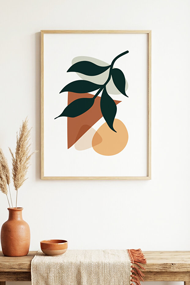 Natural Wood Framed Minimal Leaf Pattern Painting - Vibrant Tones | Huhu1456