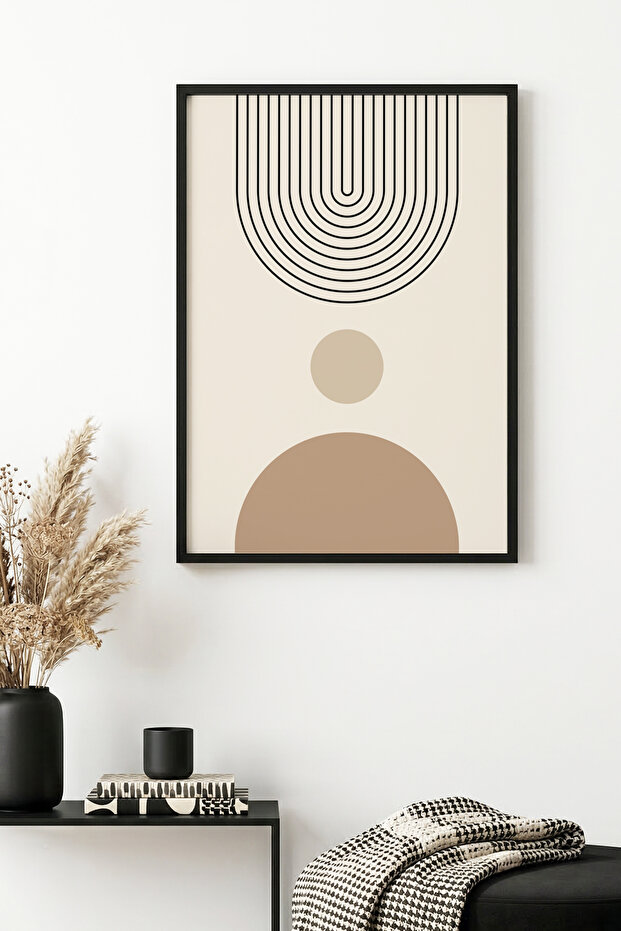 Natural Wood Framed Minimal Geometric Patterned Painting - Beige | Huhu1136