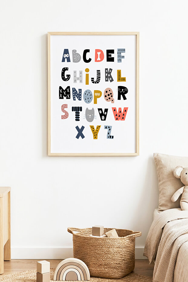Natural Wooden Framed Colorful Letter Patterned Painting - Fun Theme | Huhu1628 - Single Table Natural Wood Frame