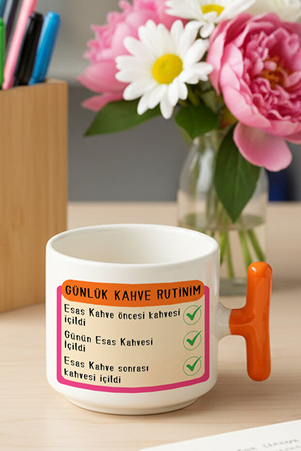 هدية مطبوعة لعشاق القهوة من Daily Coffee Routine، كوب لاتيه أبيض مضحك بمقبض على شكل حرف T