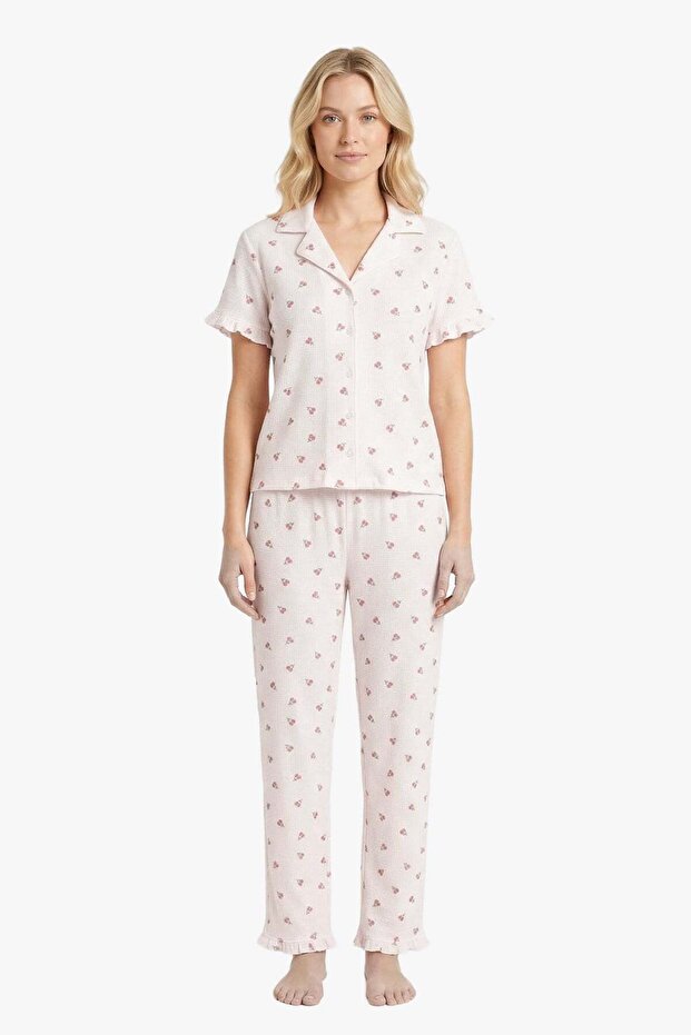 White Floral Patterned Wrinkled Shirt Collar Women's Pajama Set