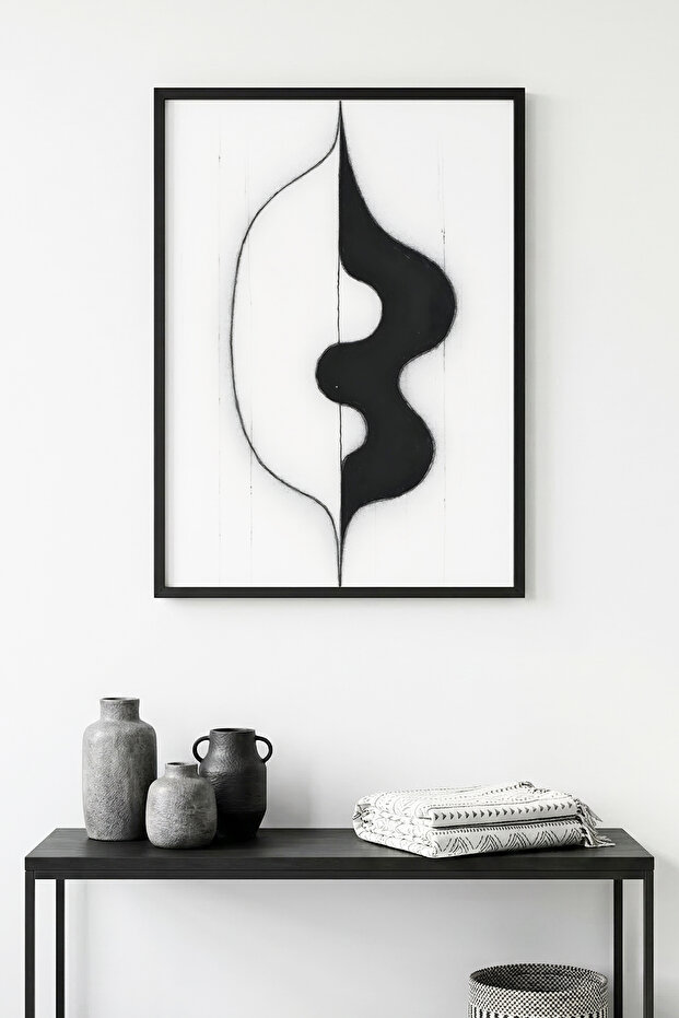 Natural Wood Framed Abstract Black and White Patterned Painting - Minimal | Huhu1193