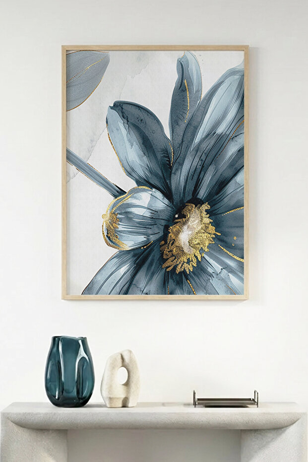 Natural Wood Framed Floral Pattern Painting - Blue Gold Details | Huhu1300 - Single Table Natural Wood Frame