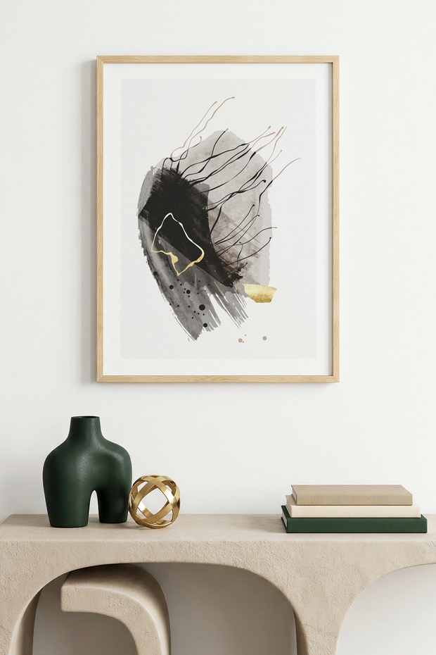 Natural Wood Framed Abstract Minimalist Painting - Pastel Tones | Huhu1021 - Single Table Natural Wood Frame