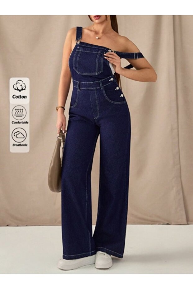 Dark Blue Loose-Leg Garden Jeans Overalls
