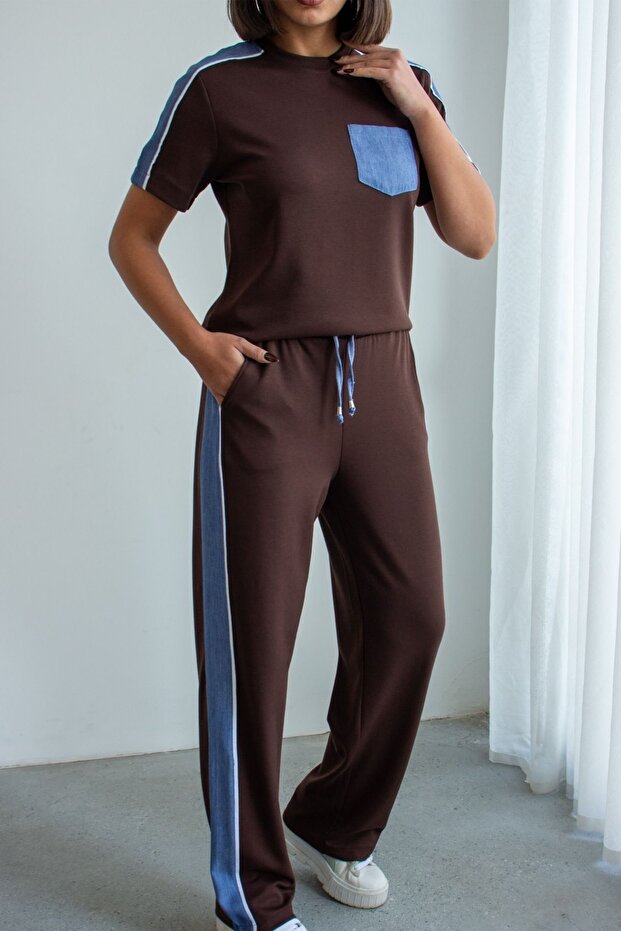 Women's Short Sleeve Denim Look Modal Set with Stripe Detail and Ornamental Pockets