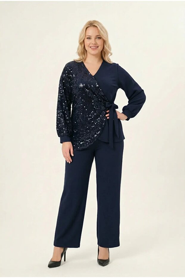 Women's Navy Blue Large Size Sequin Detailed Pants Blouse Evening Dress Set Hzl26W-Pr10011