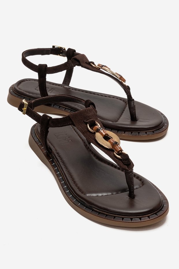 Tiana Brown Suede Genuine Leather Buckle Flip-Flop Women's Sandals