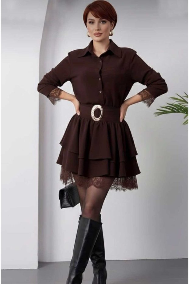 Women's Belt Buttoned Lace Detailed Shirt Collar Mini Dress