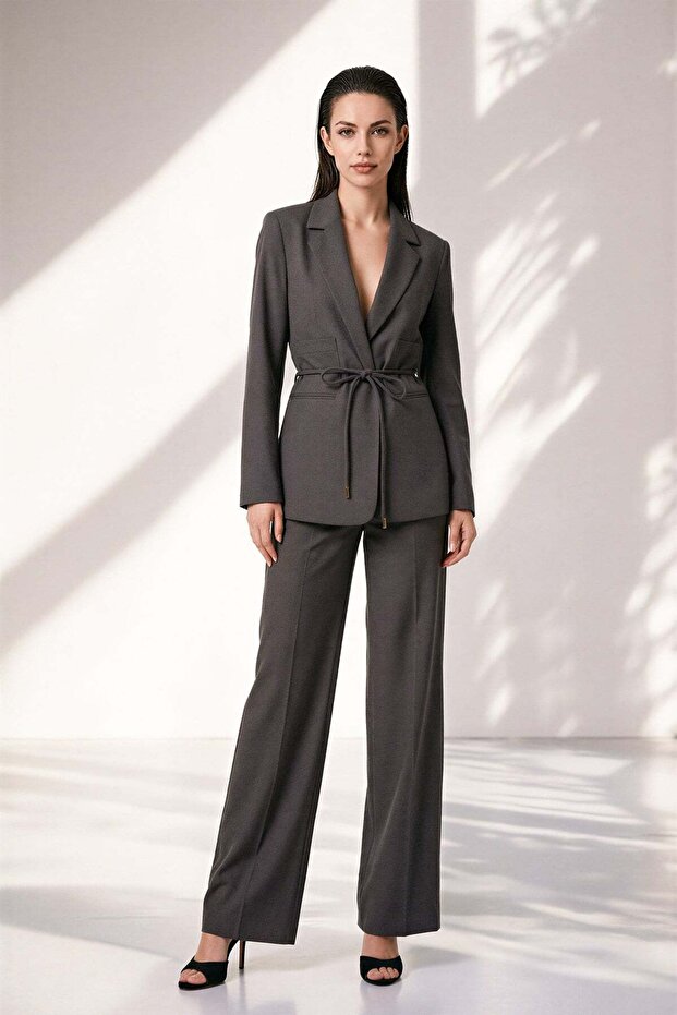 Brown Belted Jacket with Pocket Detail, Relaxed Fit Pocketed Pants Set