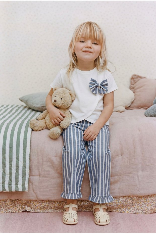 Girl's Cotton White Bow Detail T-Shirt and Pants Set - Gray Striped