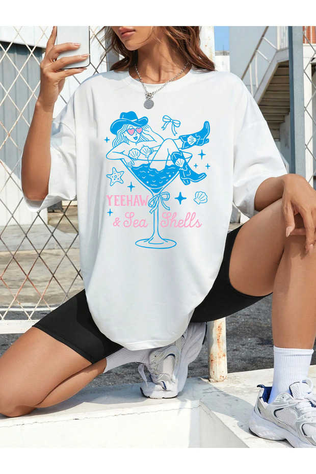 Cowgirl Summer Mix Printed Oversize Crew Neck Short Sleeve White Women's Tshirt
