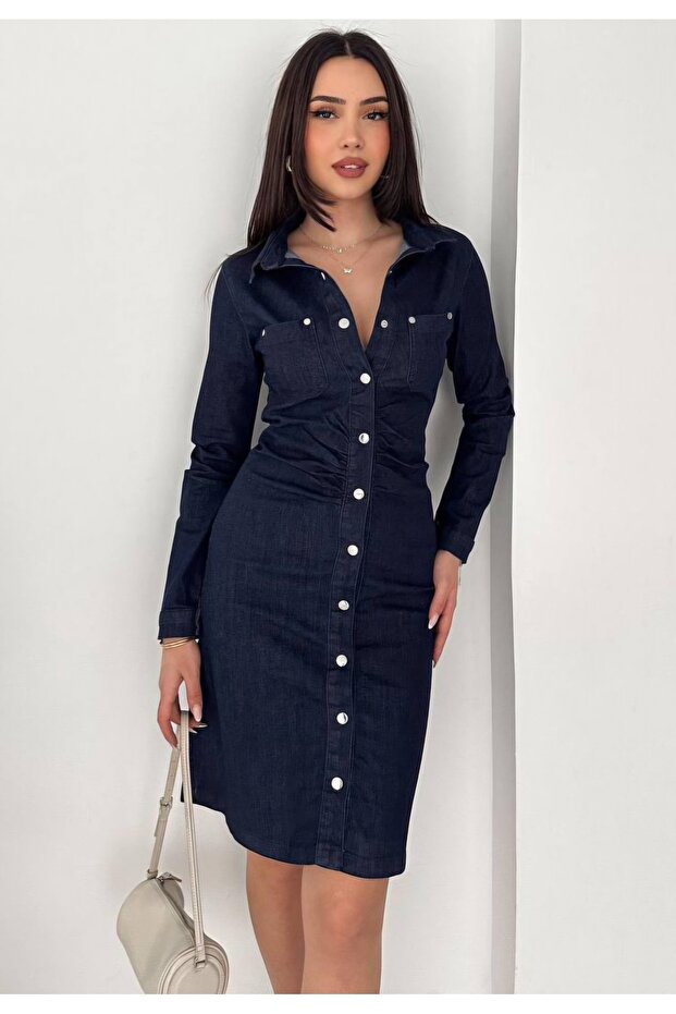 Mini Length Denim Dress with Gathered Detail on the Front
