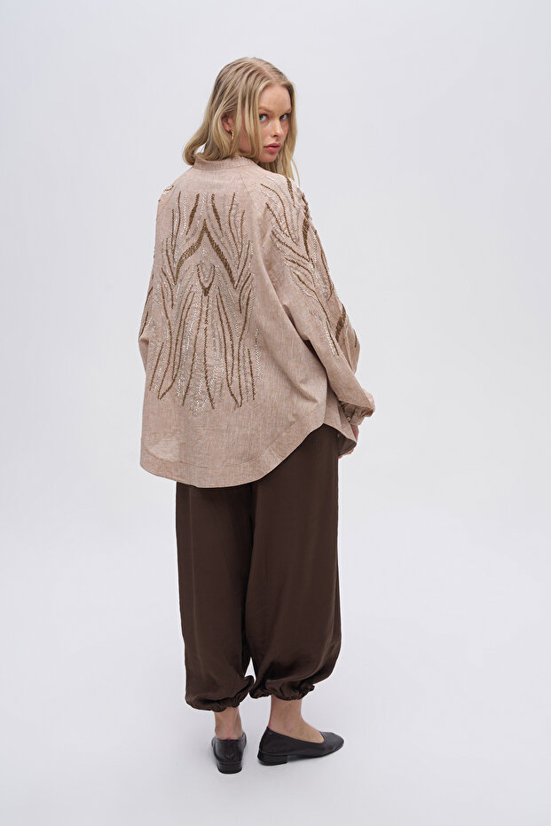 Women's Vertical Wave Bead Embroidered Oversized Kimono with Back and Sleeve Detailing