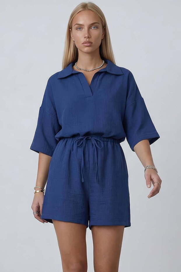 Navy blue polo collar linen blouse and shorts set