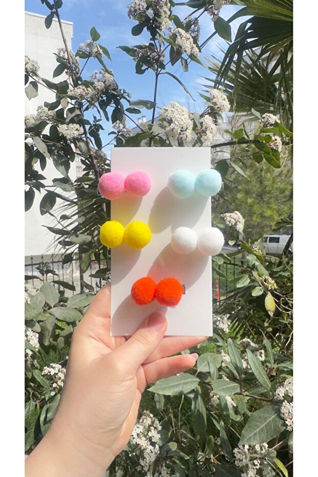 Pom-Pom 5-Piece Buckle Set (4 cm Metal Clip Buckle (Pink White Orange Mint Green Mini Pom-Pom)