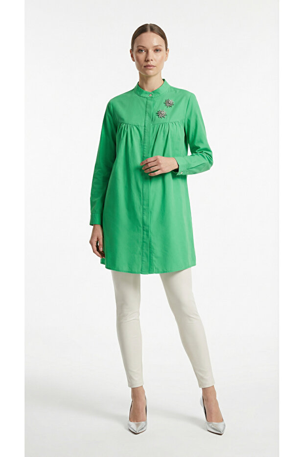 Stone Detailed Long Hijab Shirt Tunic Green