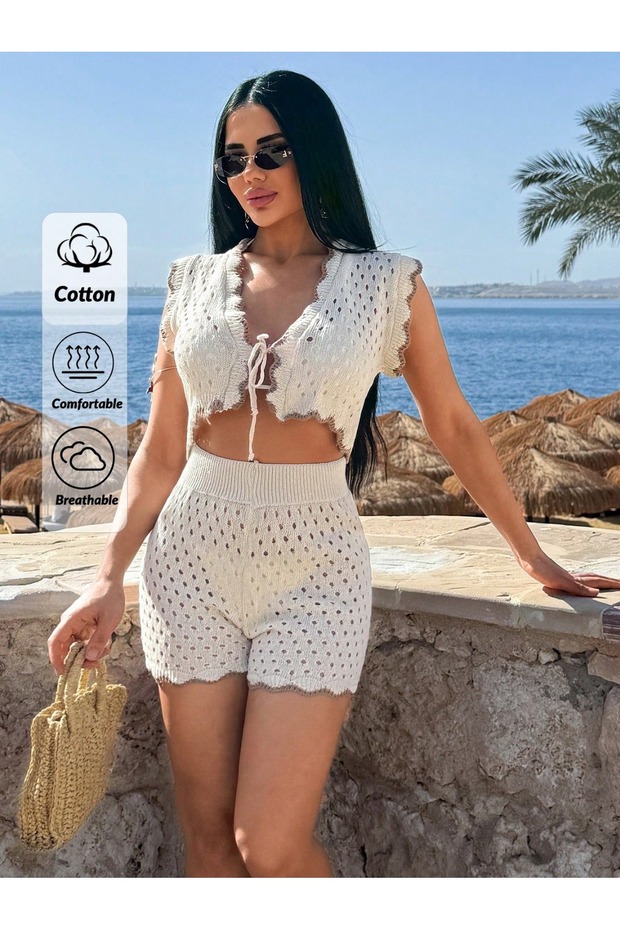 Ruffle Detail Front Tie Vest and Shorts Openwork Beach Summer Set