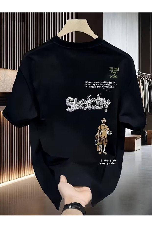Black Unisex Oversize T-Shirt Printed Men's Women's Relaxed Fit Casual Trend Streetwear
