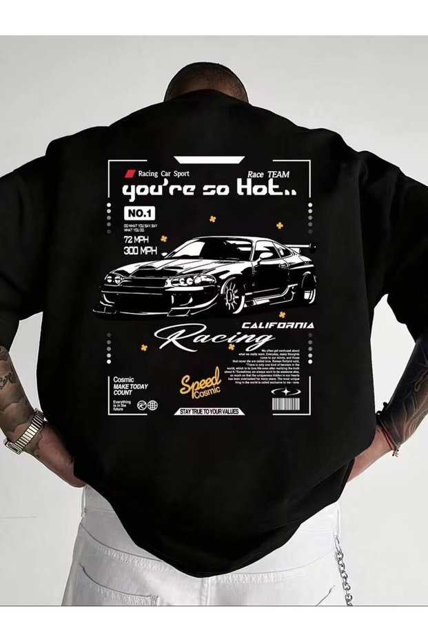 Black Unisex Oversize T-Shirt Printed Men's Women's Relaxed Fit Casual Trend Streetwear