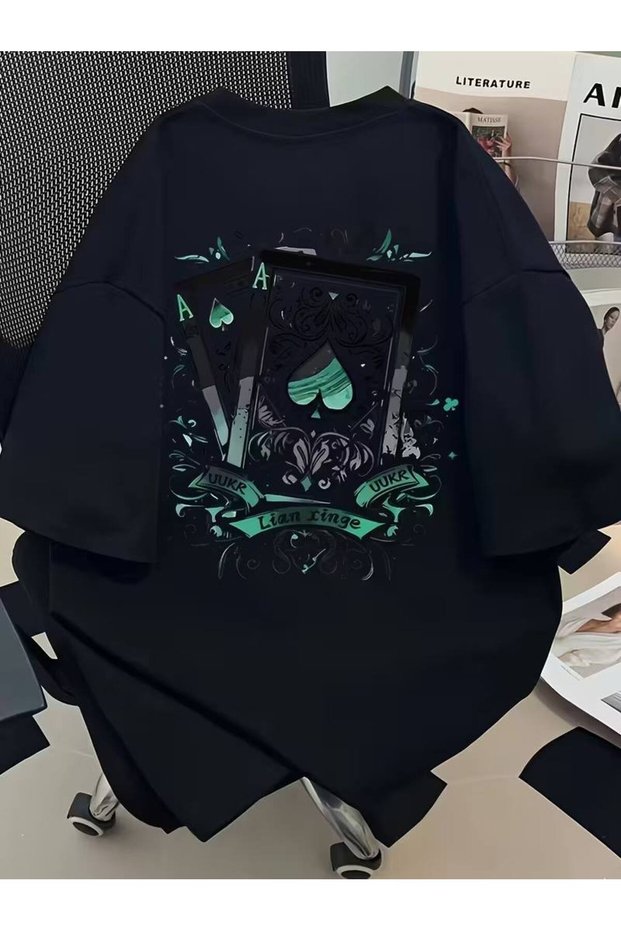 Black Unisex Oversize T-Shirt Printed Men's Women's Relaxed Fit Casual Trend Streetwear