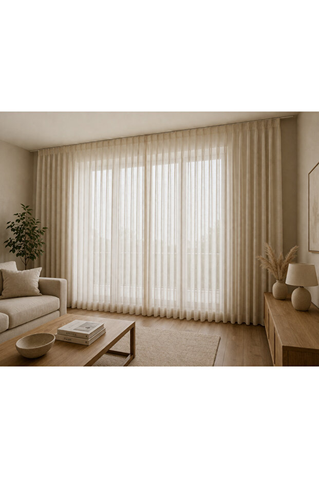 Plain Grek Floor Length Living Room Tulle Curtain Ecru 1/3 Pleat