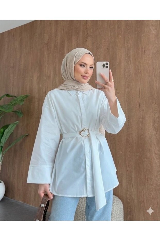 White Woven Fabric Long Belted Shirt for Women with Buckle Detail, Relaxed Fit, Stylish Hijab Combination