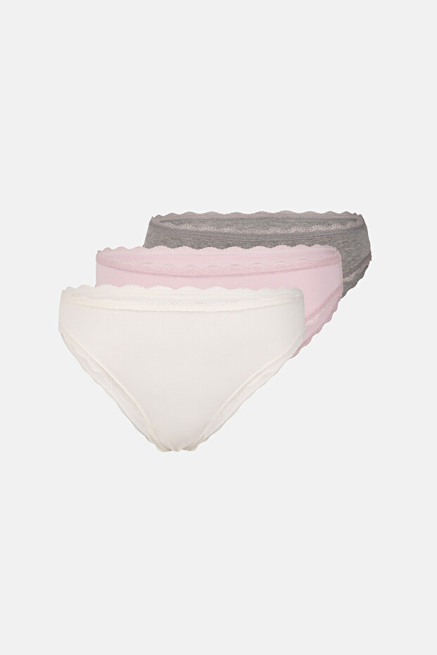 Ecru-Grey Melange 3-Piece Plain Briefs with Lace Detail at the Waist and Legs