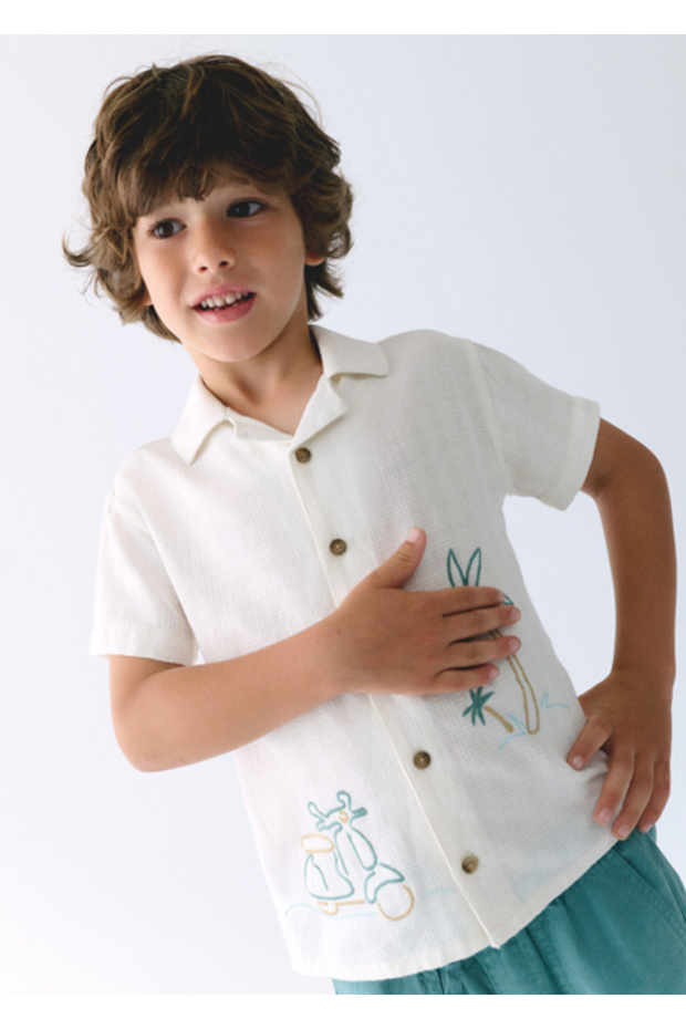 Boy's Patterned Short Sleeve Shirt Cream 3114