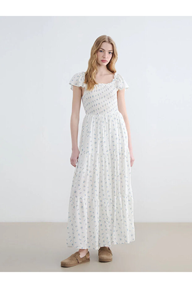 Xside Blue Square Neck Floral Poplin Dress