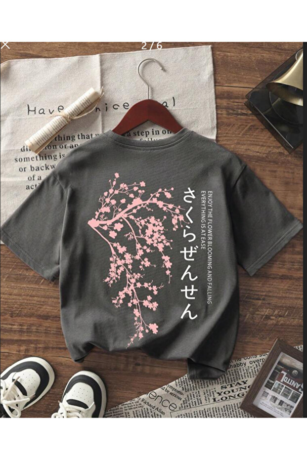 Floral Printed Anthracite Gray Crew Neck Oversize Unisex Short Sleeve Tshirt