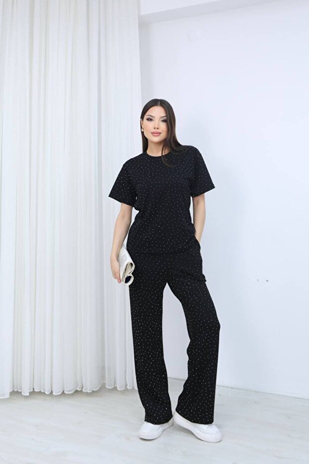 Trend Wide Leg Stone-Faced Soft Textured Modal Flexible Fabric T-Shirt Track Suit 2-Piece Set