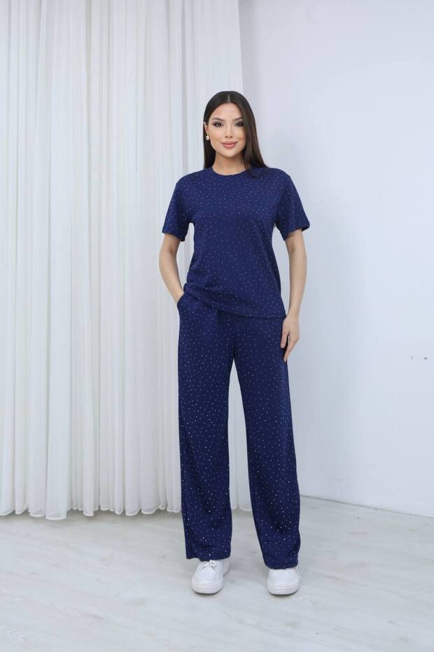 Trend Wide Leg Stone-Faced Soft Textured Modal Flexible Fabric T-Shirt Track Suit 2-Piece Set