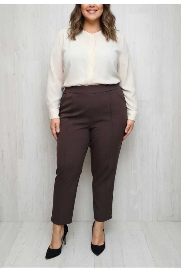 Women's High Waist Plus Size Pocketed Standard Brown Color Steel Fabric Trousers