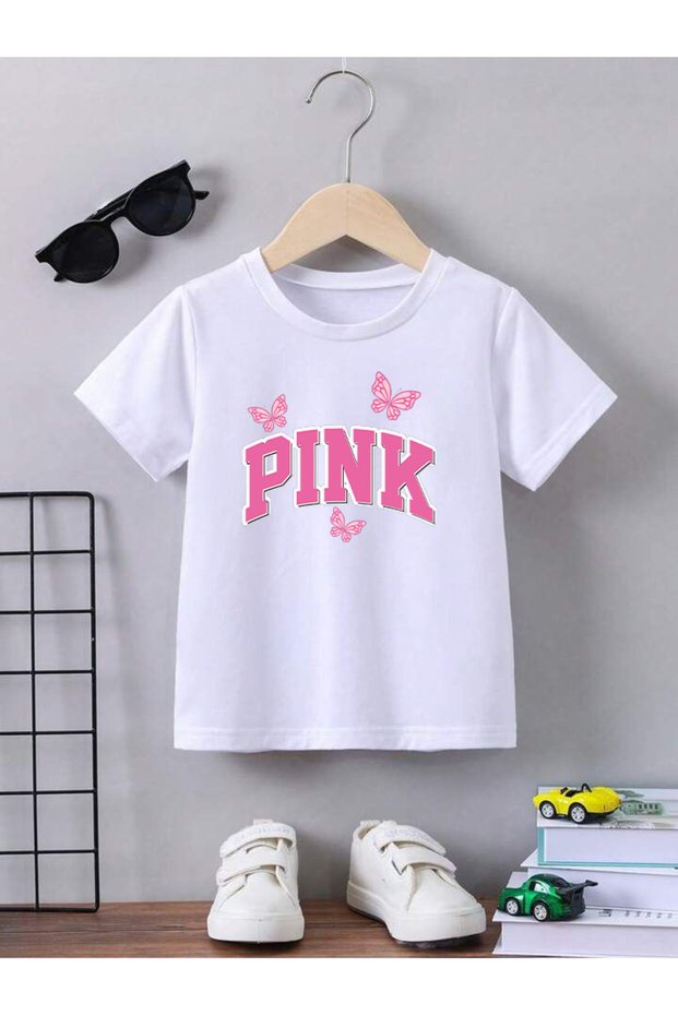 Pink Printed 100% Cotton Crew Neck Kids T-Shirt