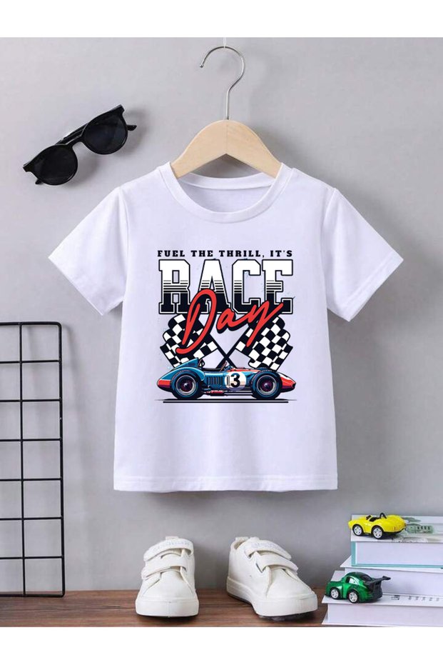 Race Day Printed 100% Cotton Crew Neck Kids T-Shirt