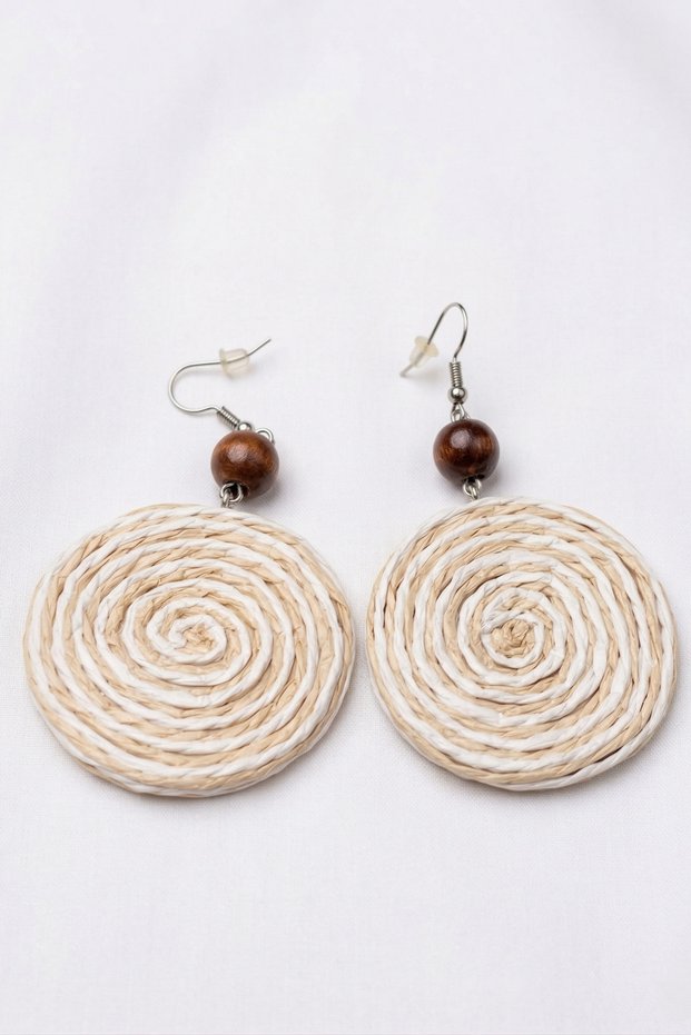 Bohemian Swirl Model Wooden Beaded Knitted Straw Women's Earrings - 4.5 cm Diameter