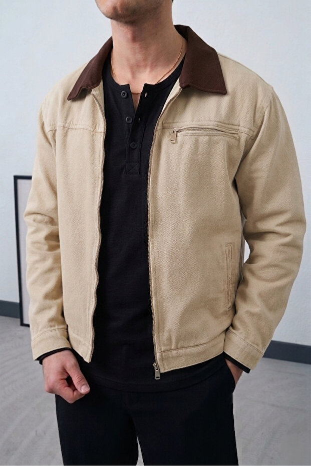 Men's Regular Belted Collar Detailed Modern Cut Premium Seasonal Gabardine Jacket with Front Zipper Pockets