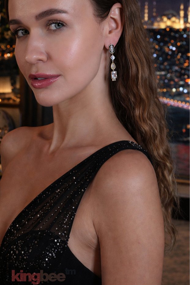 Cascade Series Women's Gold Color Baguette and Crystal Stone Detailed Dangle Earrings - Zircon Sparkling Stylish Earrings