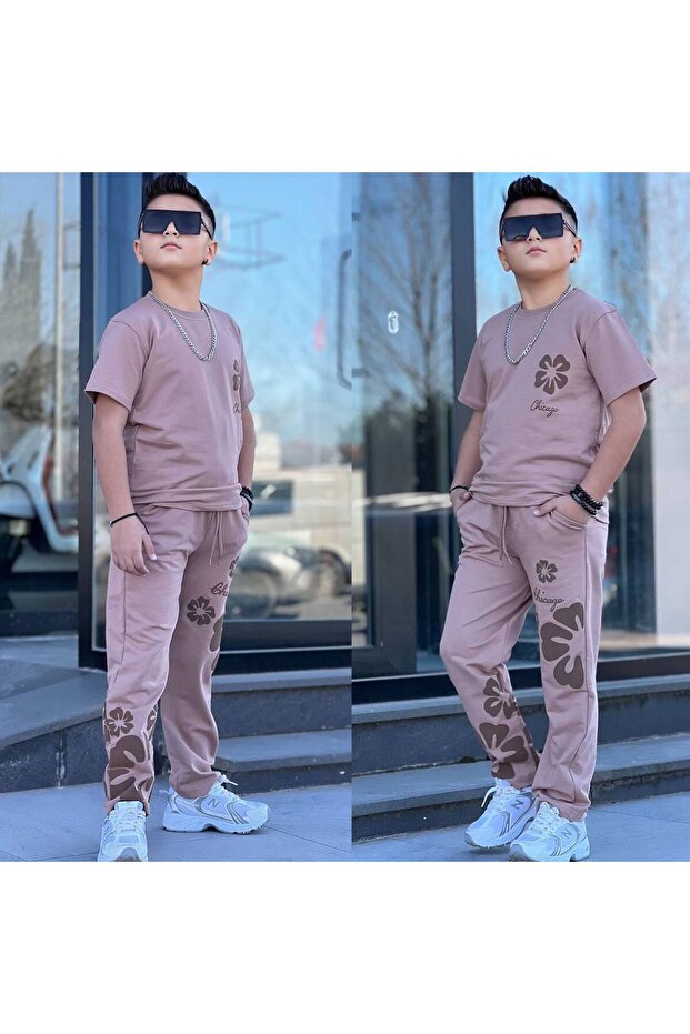 Boy's Floral Patterned 100% Cotton Two-Piece Set - Tracksuit Set 2-Piece Set for Holidays