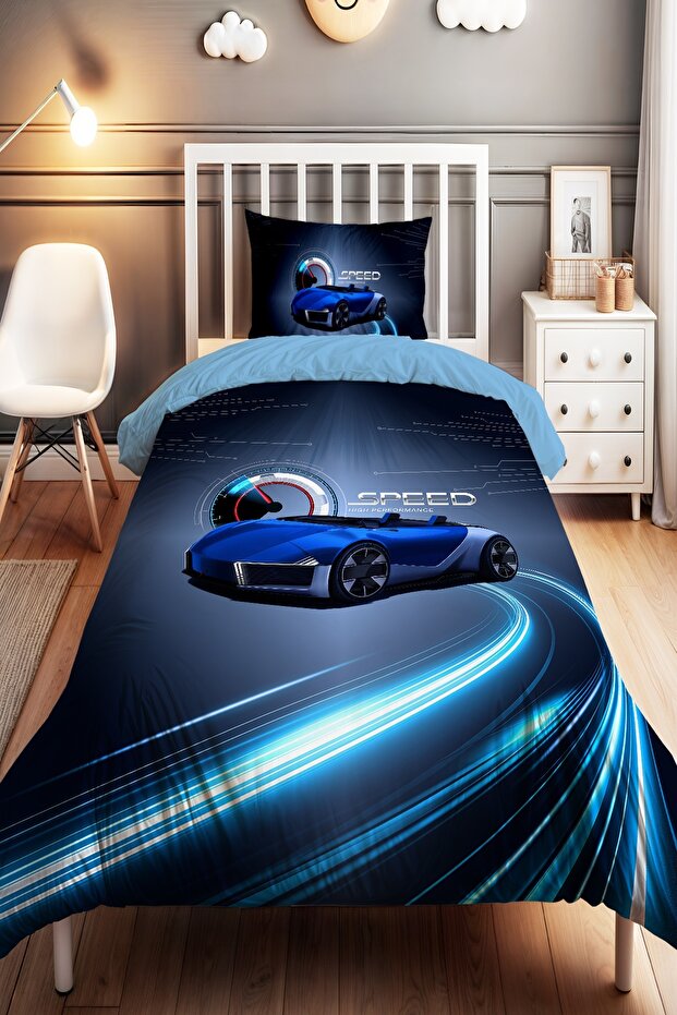Blue Speed Patterned Single Baby Kids Bedding Set